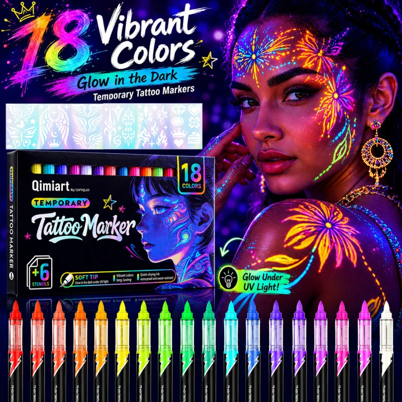 

UV Glow Face Paint Markers,18 Colors Neon Body Paint Pens,with 6 Stencils, Glow in The Dark Makeup for Festival,Party & Cosplay