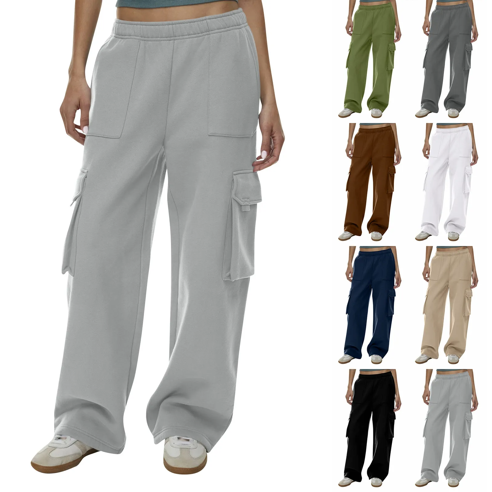 Womens Cargo Sweatpants Wide Leg Fleece Lined Pants For Women Fall Winter Baggy High Waisted Joggers Pant With Pockets Mujer