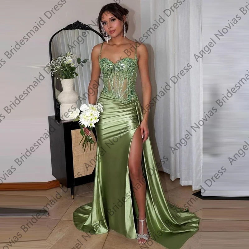 Customized Long Mermaid Sage Green Bridesmaid Dresses with Side Skirt Evening Prom Party Gowns vestido de madrinha de casamento