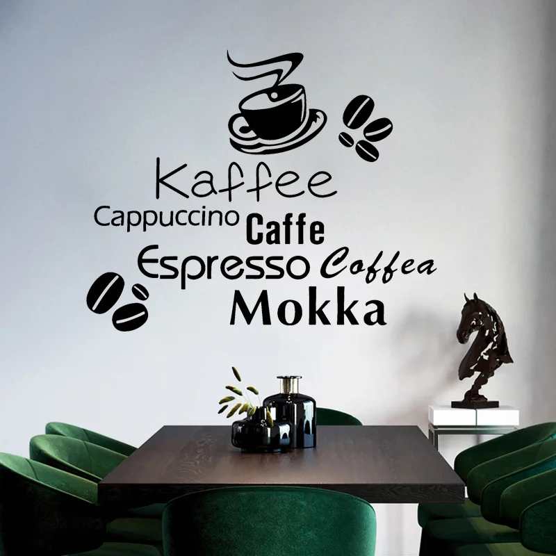 Kaffee Espresso Coffea Cafe Quotes Wall Sticer Vinyl Coffee Shop Kitchen Decoration Decals Cafe Cup Coffee Beans Murals D583