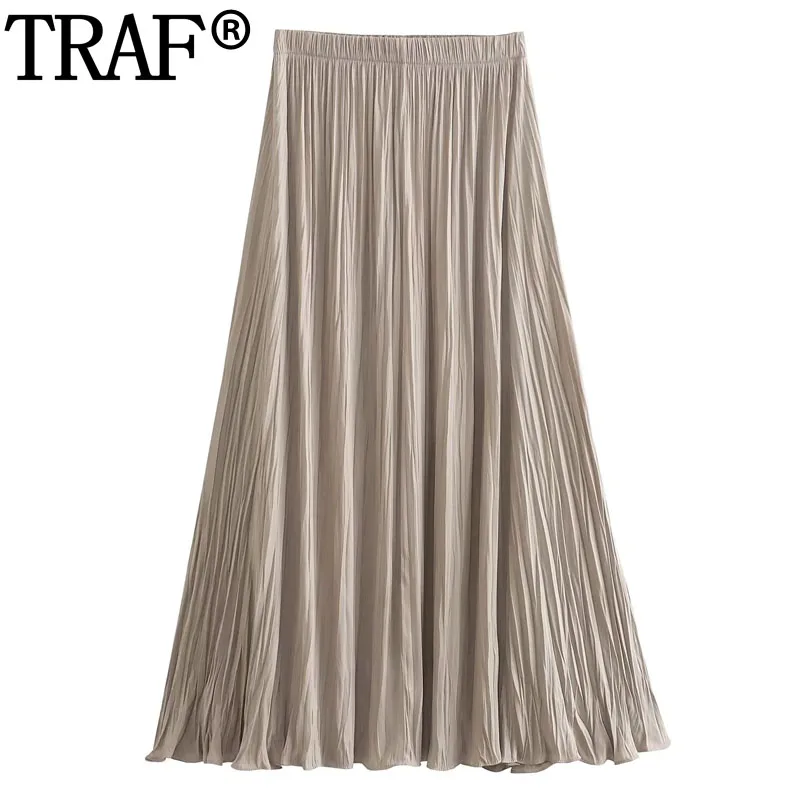 

TRAF 2023 Pleated Midi Skirts For Women High Waist Long Skirts Summer Chic And Elegant Woman Skirt Ruched Loose Women's Skirts