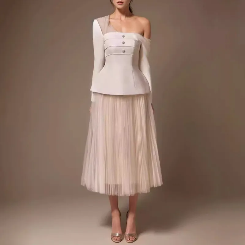 

HUISONG Fashion Women's 2 Pcs Set Skew Collar Mesh Patchwork Backless Tops High Waist Gauze Skirt Suit Summer 2024 New mafkbl