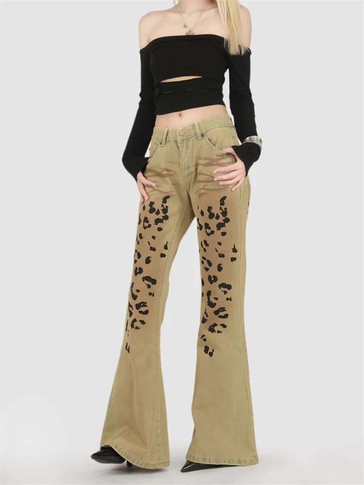 

Women's Leopard Pattern Personality Micro Flared Jeans Summer Trousers Cool Girl Casual Bottoms Female Street High Waisted Pants