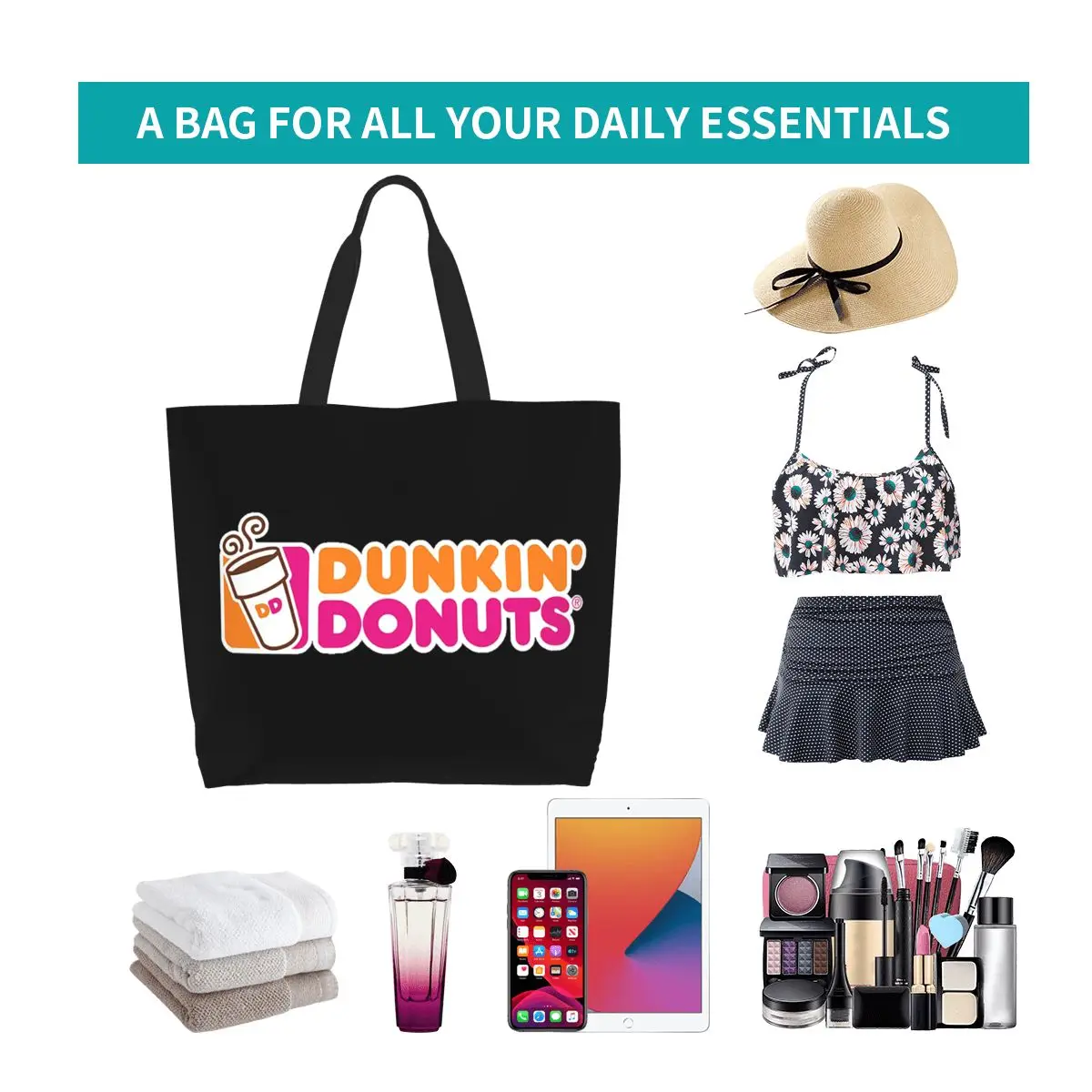Dunkin Donuts Shopping Tote Bag Canvas Large Capacity Shoulder Bags Shopper Grocery Handbag for Women view 4