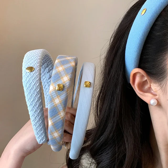 Nowa opaska gąbkowa w koreańskim stylu dla kobiet Elegancka złota etykieta Niebieska opaska do włosów z szerokim rondem Moda Dziewczyna Mycie twarzy Obręcz do włosów