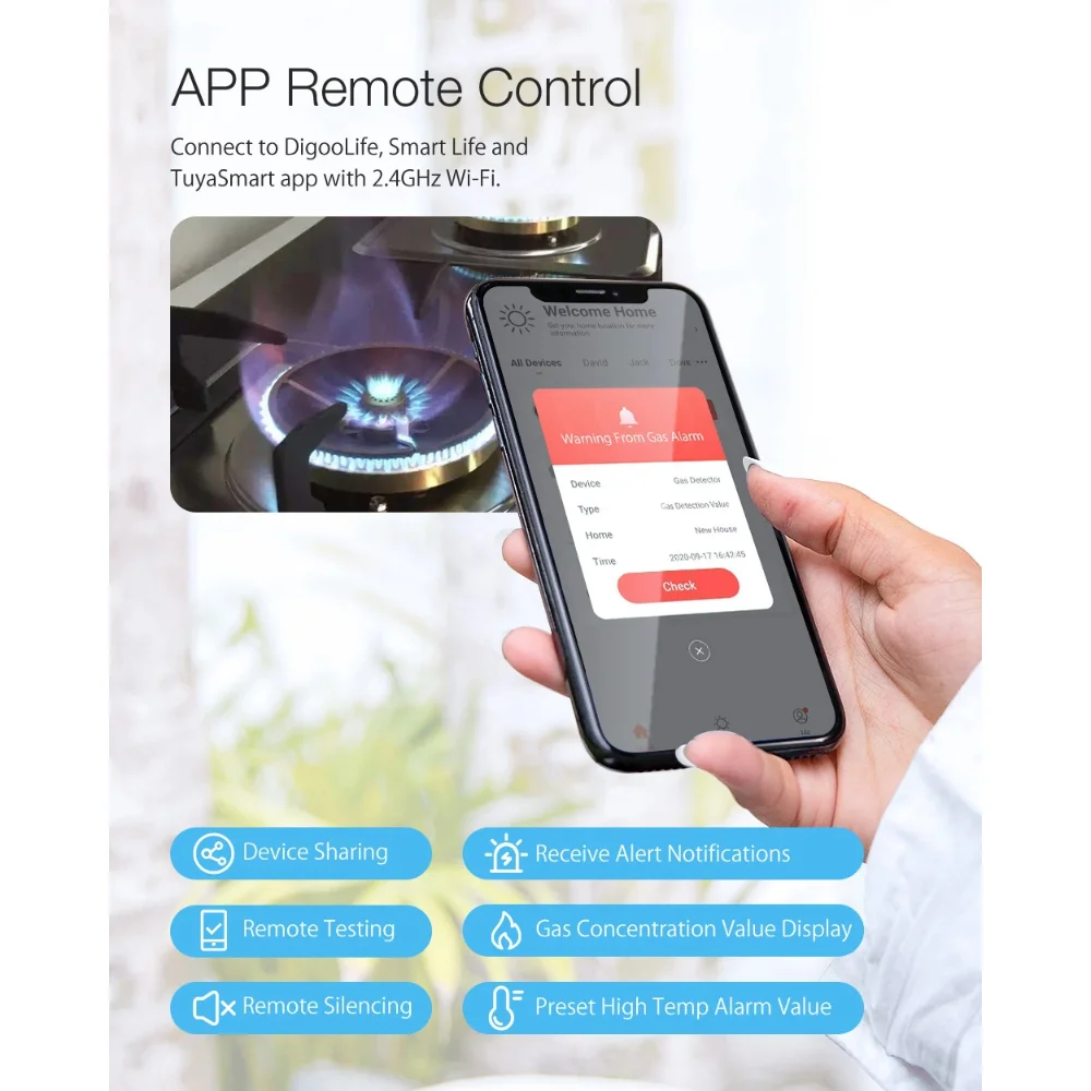 Tuya Intelligence Wireless LCD Display Time Level Display Led Natural Gas Sensors Combustible Wifi Gas Detector for Kitchen Safe