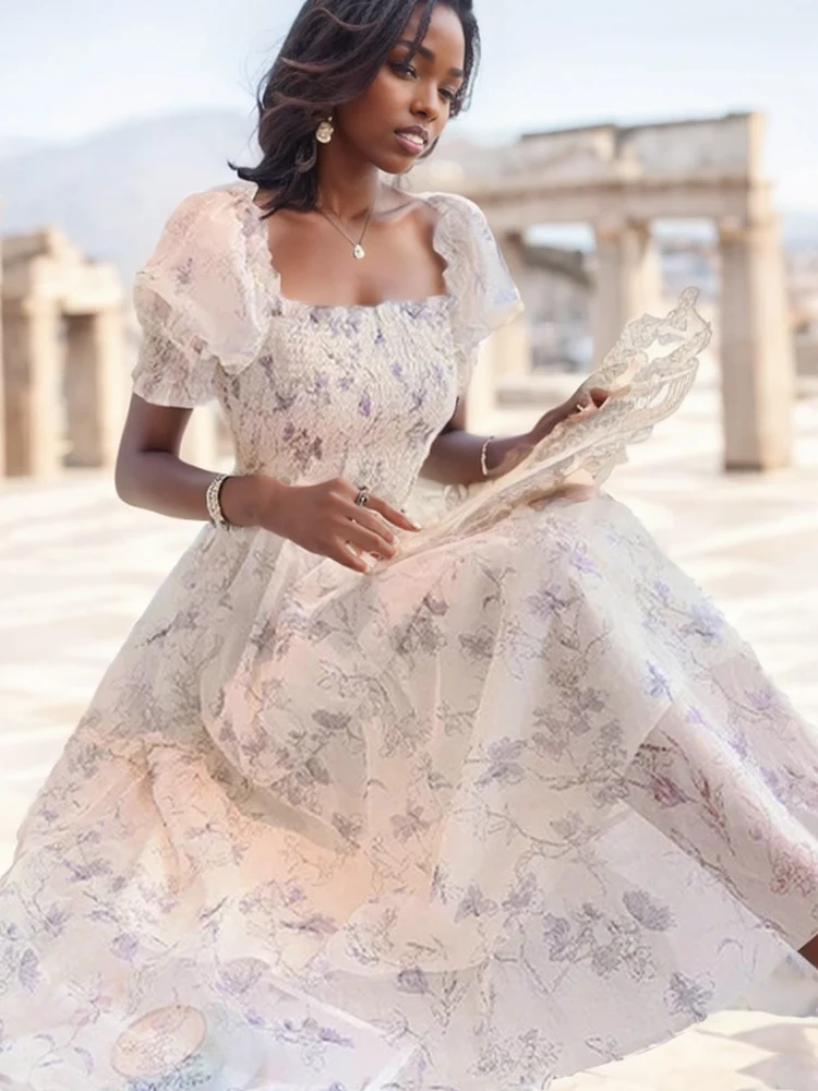 Short Sleeve Summer Floral Party Dress White Chiffon Long Dress Casual Elegant Fairy Dresses for Women Sweet Clothing 20044