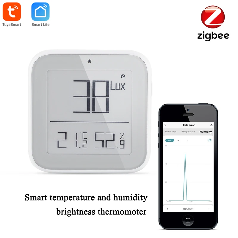 Tuya Smart ZigBee Temperature Humidity Sensor Brightness Thermometer Detector with LCD Screen Real-time Remote Monitoring