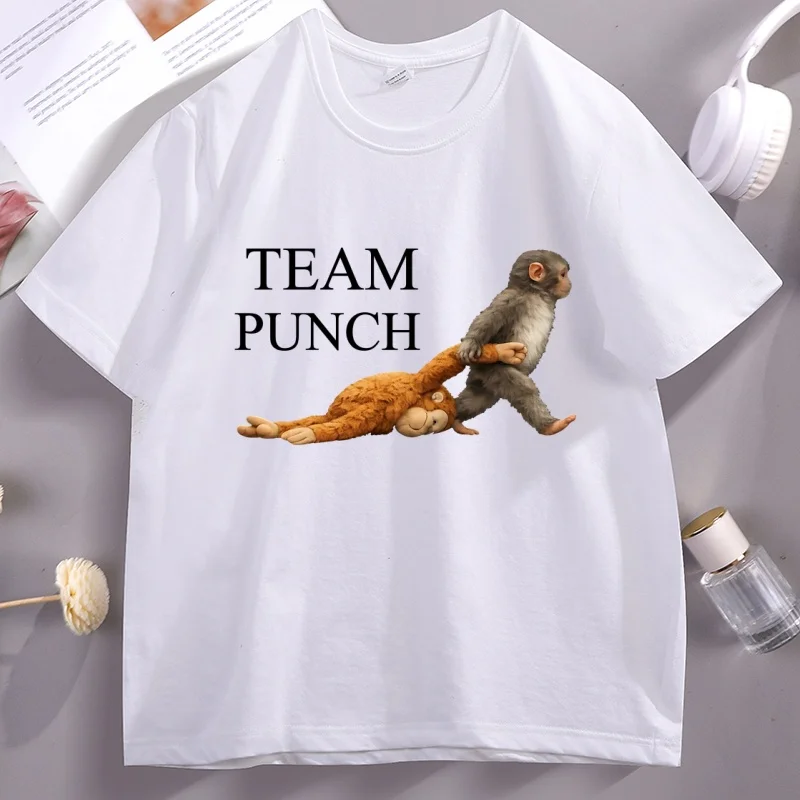 Team Punch Graphic T Shirts Punch The Monkey Holding Plush Toy T-Shirt Funny Short Sleeve O-neck Tshirt Cotton Male Tees