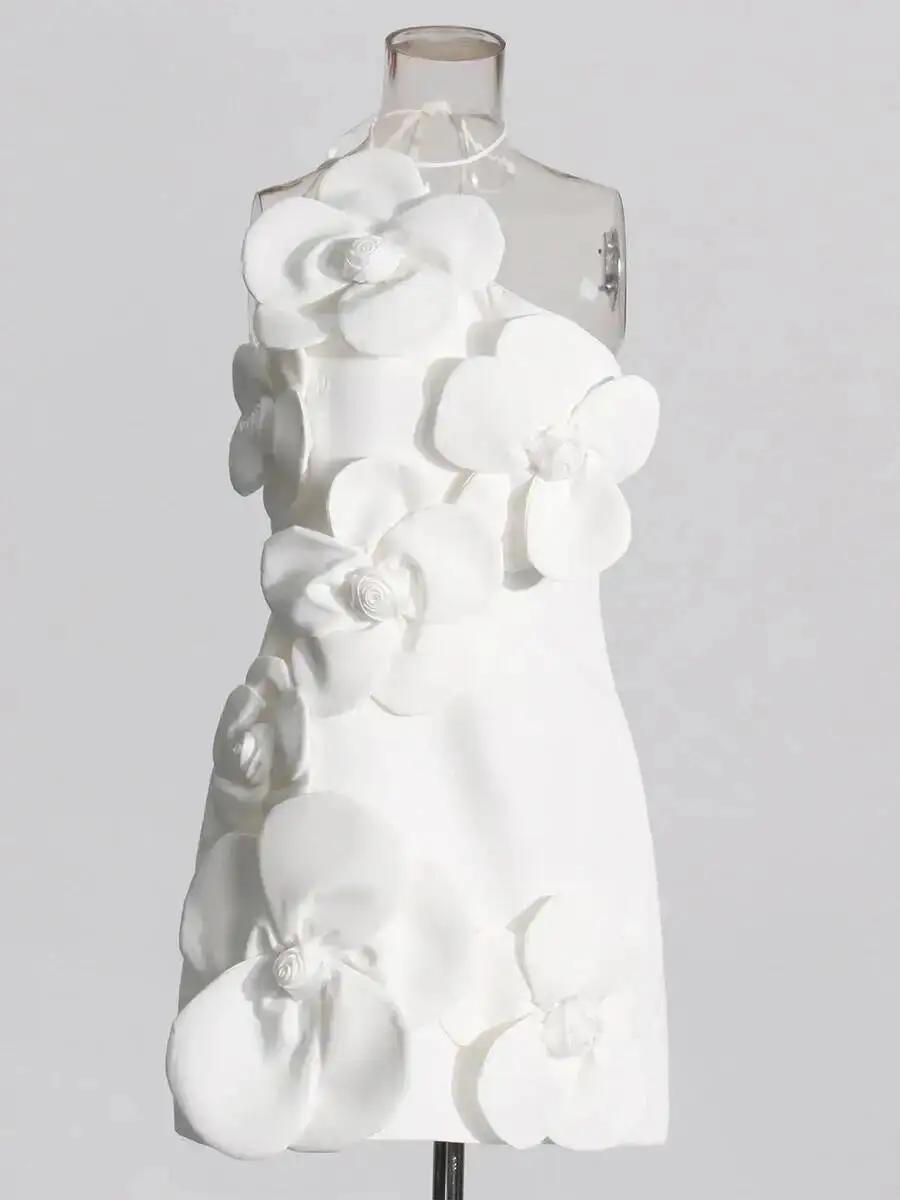 Patchwork Appliques Mini Dresses For Women Diagonal Collar Sleevelss Spliced Lace Up High Waist Dresses Female New VTL2