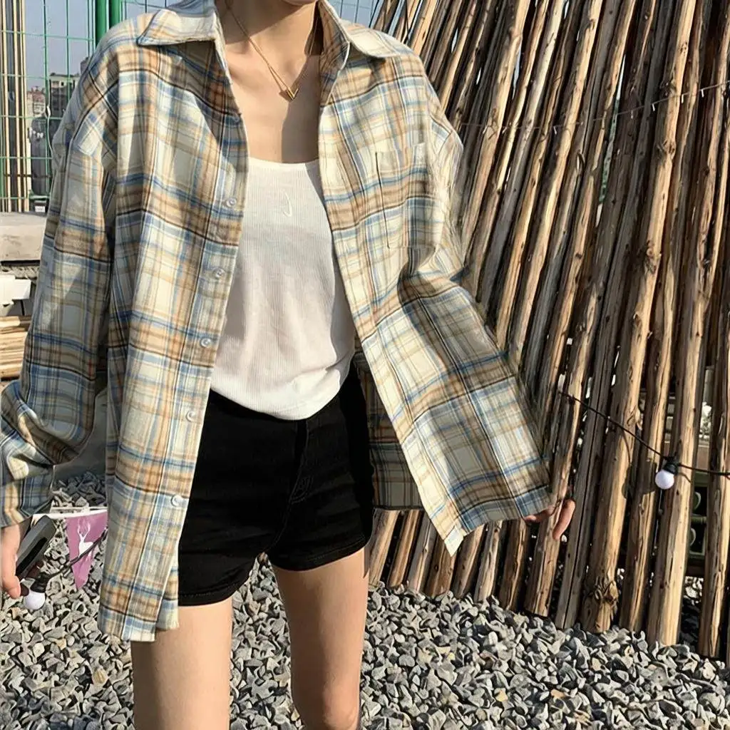 

Fashionable Plaid Shirt Women's Spring Autumn New Korean Style Small Size Retro Long Sleeve Casual Outerwear Cleanfit Yangjing