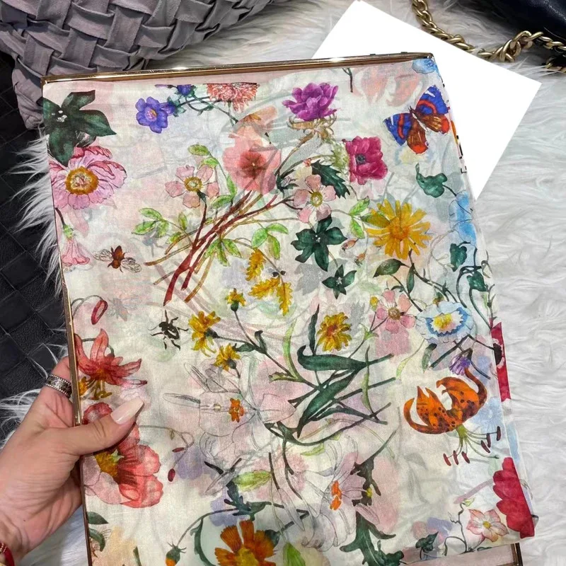 Bufanda de seda 100% colorida, bufandas para mujer, chales de playa de verano, Foulard para Otoño e Invierno, diseño de flores, bufandas de cuello largo, Hijabs
