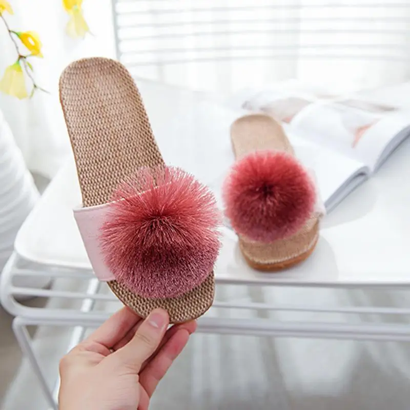 Linen Platform Slippers Women Home Hairball Designer Shoes Girls Fashion Casual House Elegant Slippers Flats Open Toe Indoor