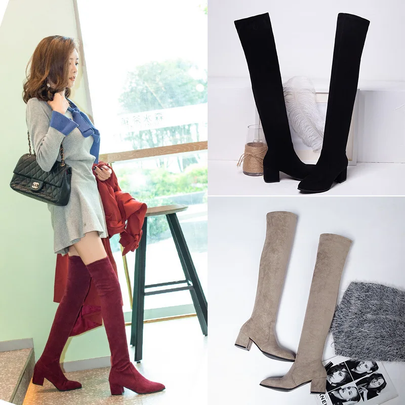 Thigh High Boots Women 2021 Winter Fashion New Over Knee Boot Female Sexy Heels Suede Shoes Red Warm Fur Black Pointed Plus Size