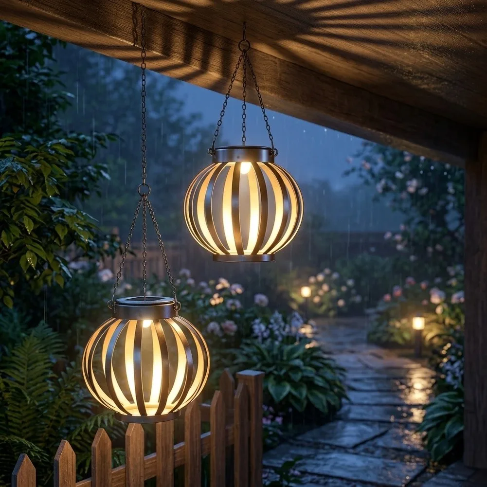 Hängende Solar-Laterne für Gartenbeleuchtung - Vintage-Stil Eisen Metall Gestreifter Projektions-Tageslicht-Nachtlicht