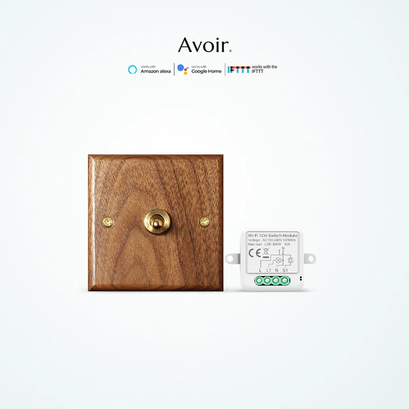 

Avoir Retro Brass Lever Switch Alexa Accessories 86 Type Tuya Toggle Switches Black Solid Wood Wifi Mini Module Light Switches