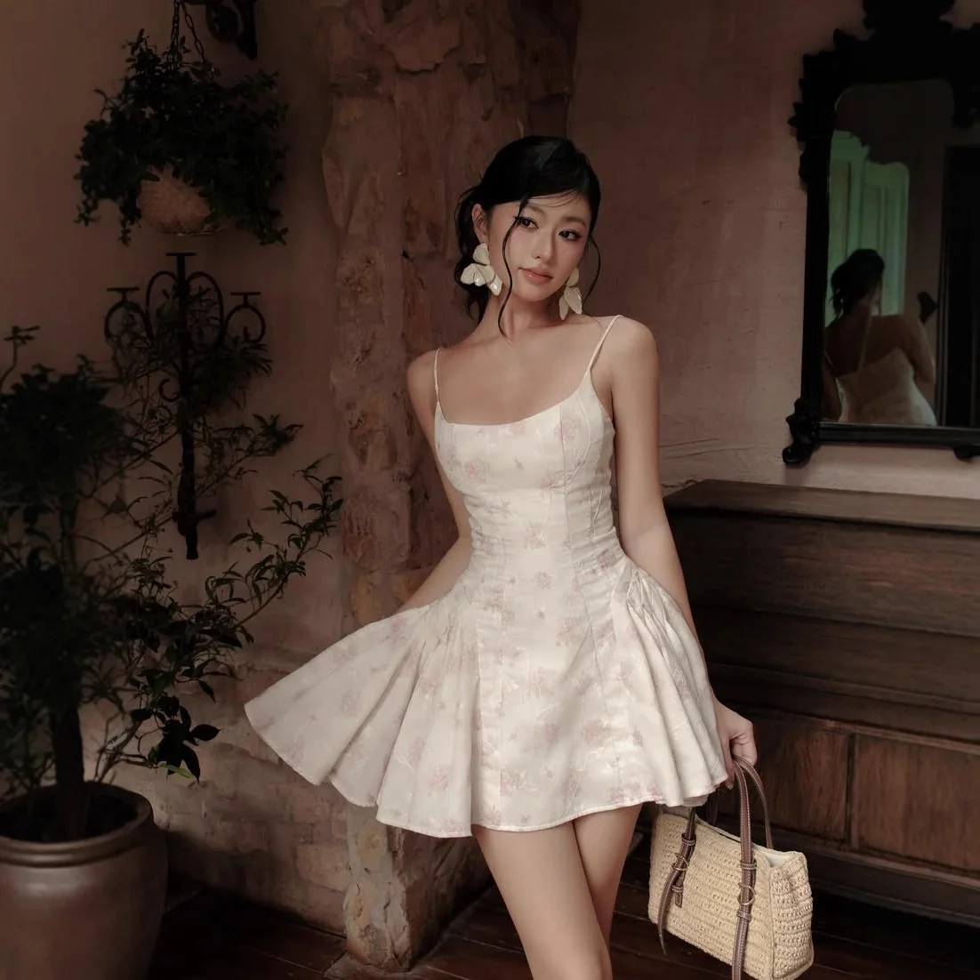 

Summer Chuanruo Ins Sle Sweet Temperament Floral Print A-Line Dr Slimming Waist High Waist Knitted Polyester Dr