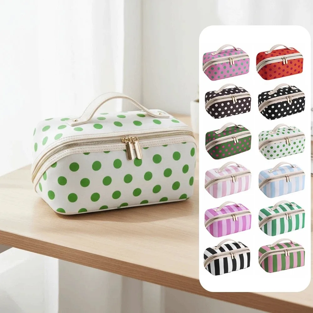 Vintage Women's Cosmetic Bag Zipper Lightweight Travel Cosmetic Case Polka Dot/Striped Large Capacity Women's Toiletry Organizer