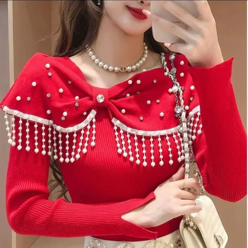 

Japanese Style Beaded Bow Slim Fit Autumn New Women Niche Sweater Pullover Long Sleeve Temperament Chic Knitted Top