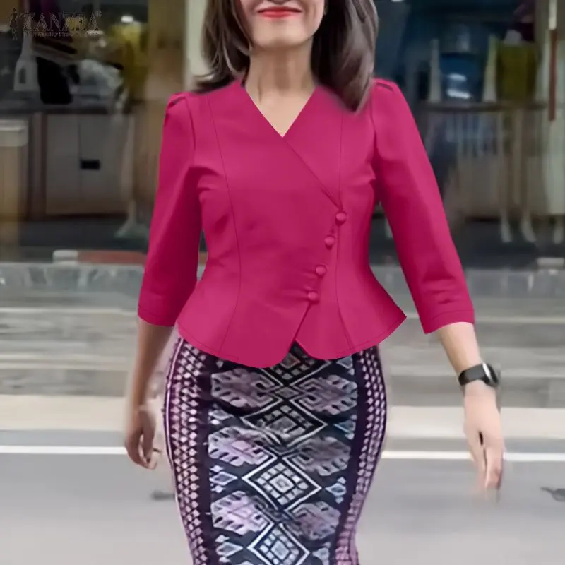 

ZANZEA элегантные атласные рубашки женские модные с v-образным вырезом асимметричная планка рукав 3/4 с приталенной талией однотонные топы женская одежда новинка