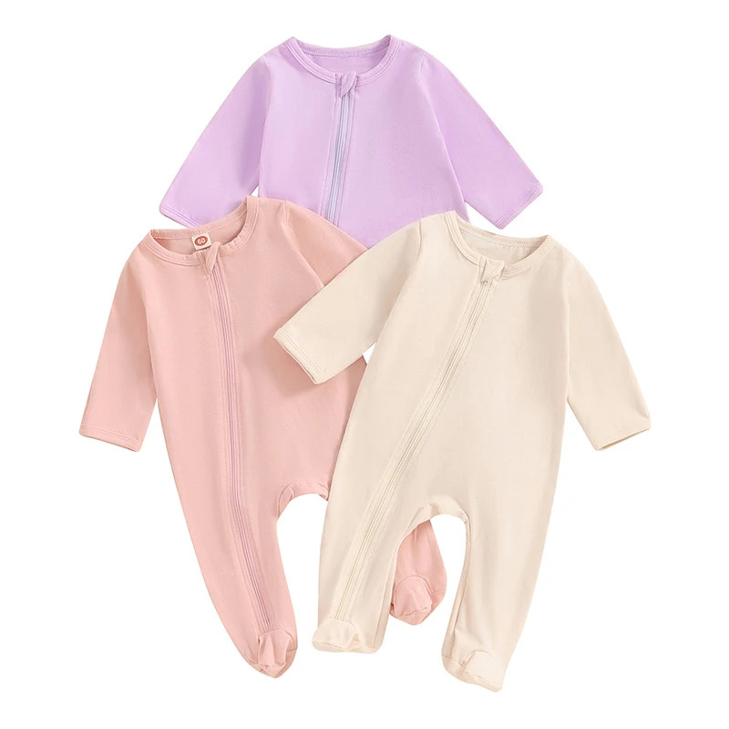 

Baby Girls Boys Autumn Romper Long Sleeve Crew Neck Solid Color Footed Casual Jumpsuit