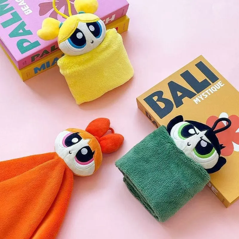 منشفة يد Kawaii The Powerpuff Girls PPG ثلاثية الأبعاد معلقة ماصة لمسح وجه الأطفال كرتونية للمطبخ والحمام
