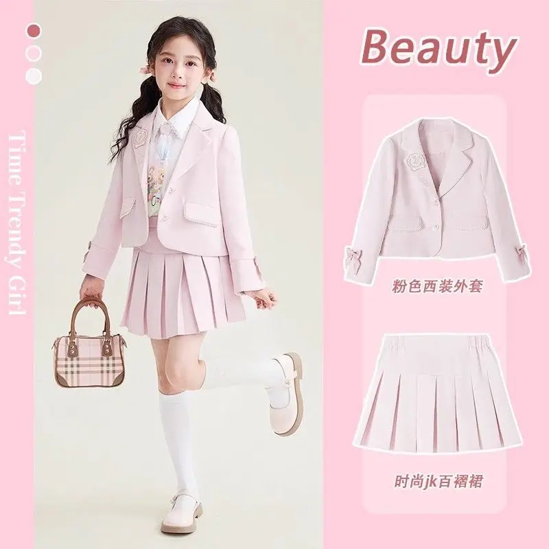 Spring Autumn Girl Jk Set Preppy Style Suit Shirt Pleated Skirt Three-Piece Set Sweet Fashion Best Friend Style Spring Clothing