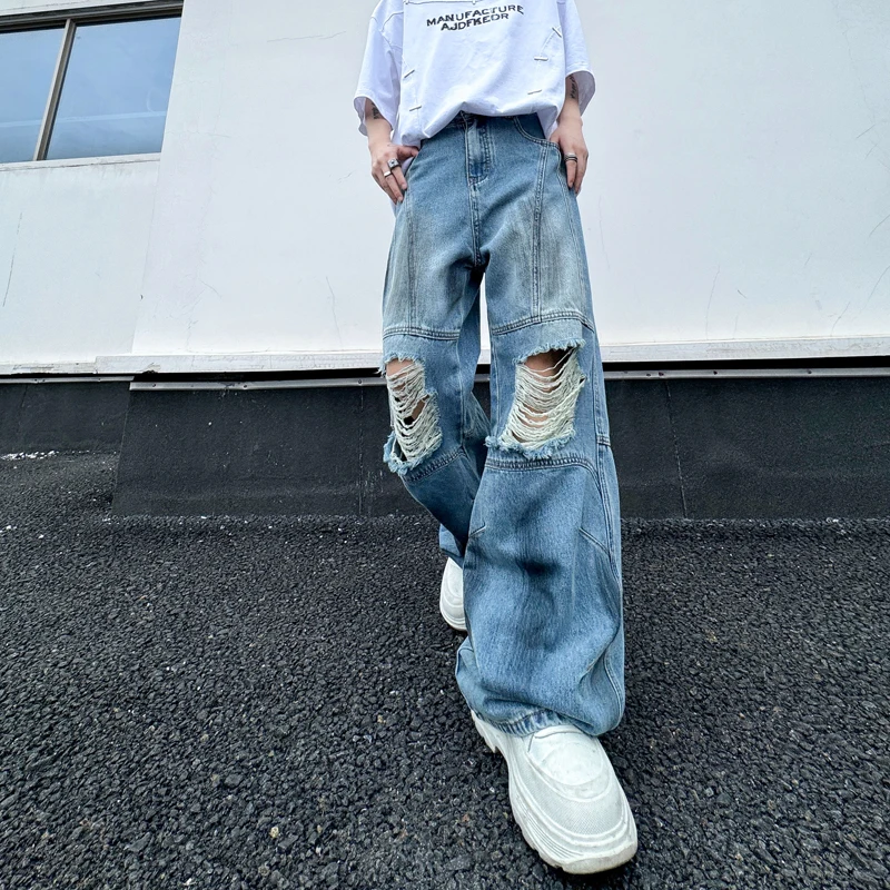 

Retro Distred Denim Jeans Men's Women's Wide Leg Pants Floor Length Casual Straight Cut Breathable Multi-toned Design