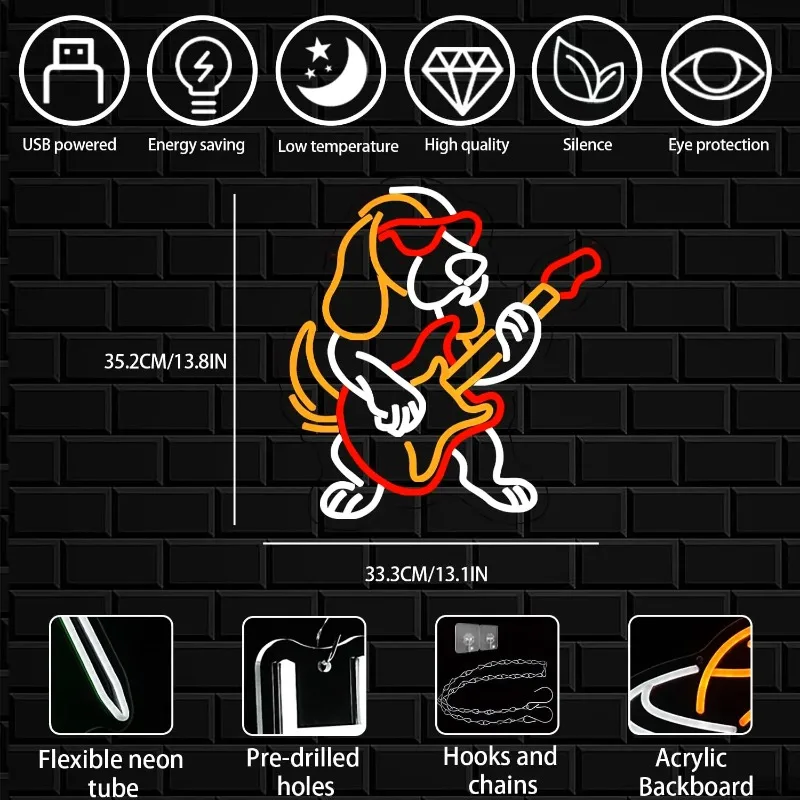 Dachshund Guitar Neon Sign Dimmable Dog Music LED Light Up Sign for Wall Decor Bedroom Living Room Store Party Animal Decor