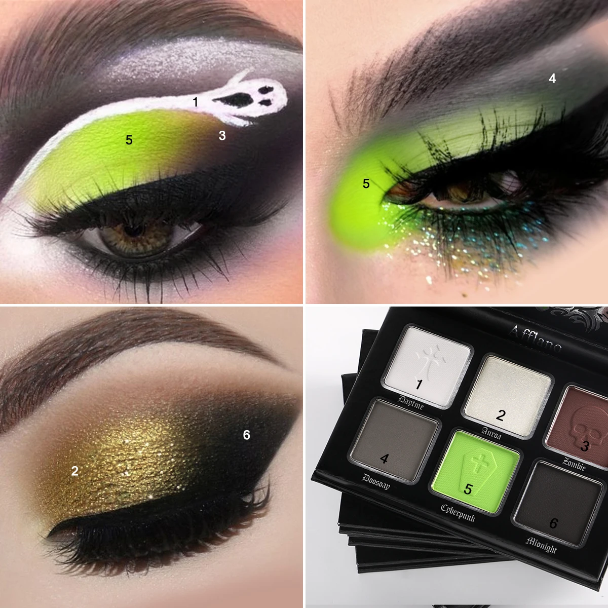 Green Brown Eyeshadow Palette, Highly Pigmented Bright Lime Green Black White Grey Goth Makeup Palette for Zombie Witch Monste