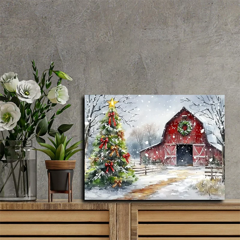 1pc emoldurado rústico natal celeiro pintura em tela sazonal cena de fazenda árvores decorativas e grinaldas decoração para casa