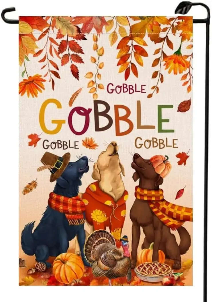 Thanksgiving Dogs Gobble Fall Garden Flag 12x18 Inch Double Sided Turkey Pumpkin Leaves Autumn Small Flags Farmhouse Outside Dec