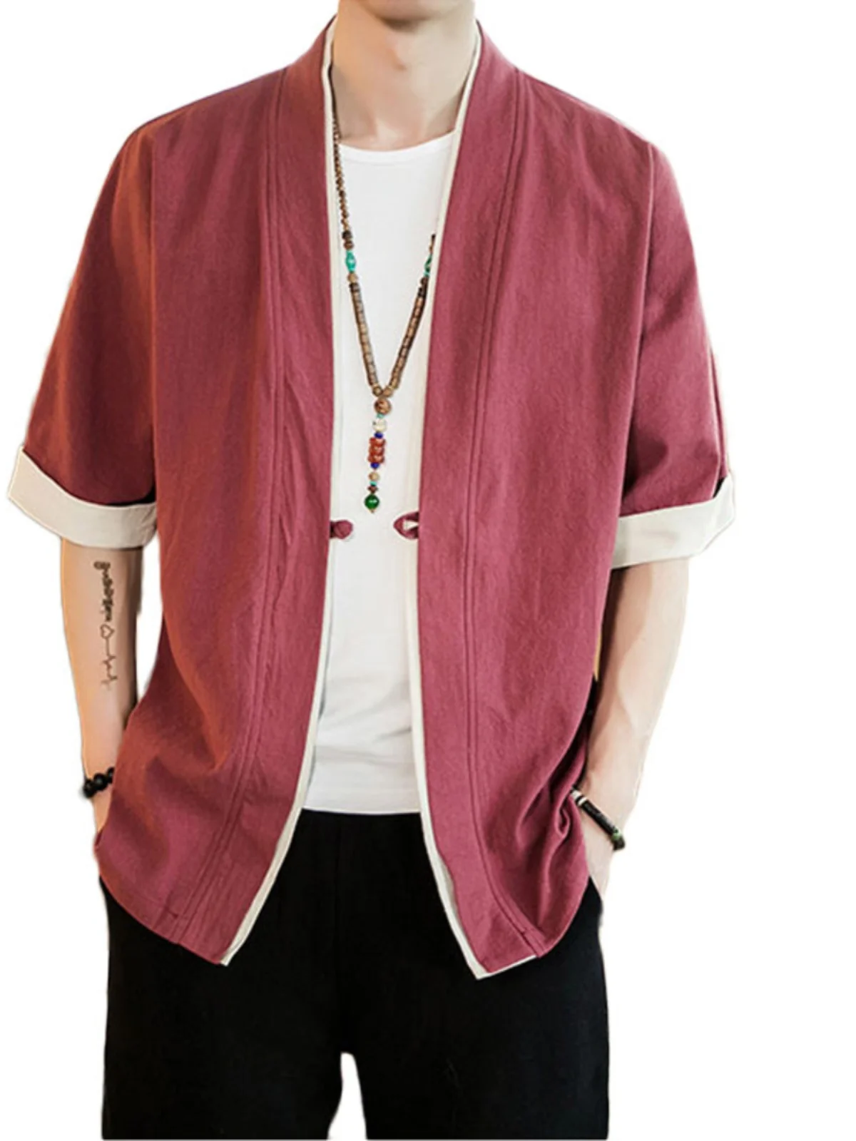 

Loose Linen Dao Pao Jaet Men's Cotton Linen T Top Chinese Sle Summer Outerwear Breathable Lightweight Full Sve