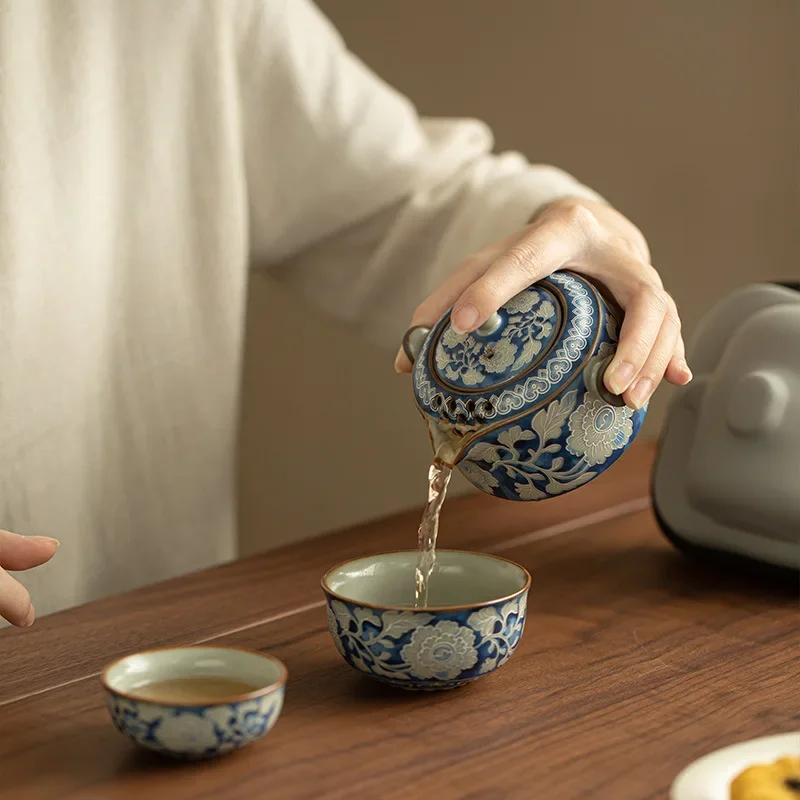 Blue White Ru Kiln Travel Tea Set Colorful Designer Peony Kung Fu Gift Teaware Quick Cup Ceramic Tea Set Outdoor Green Flower