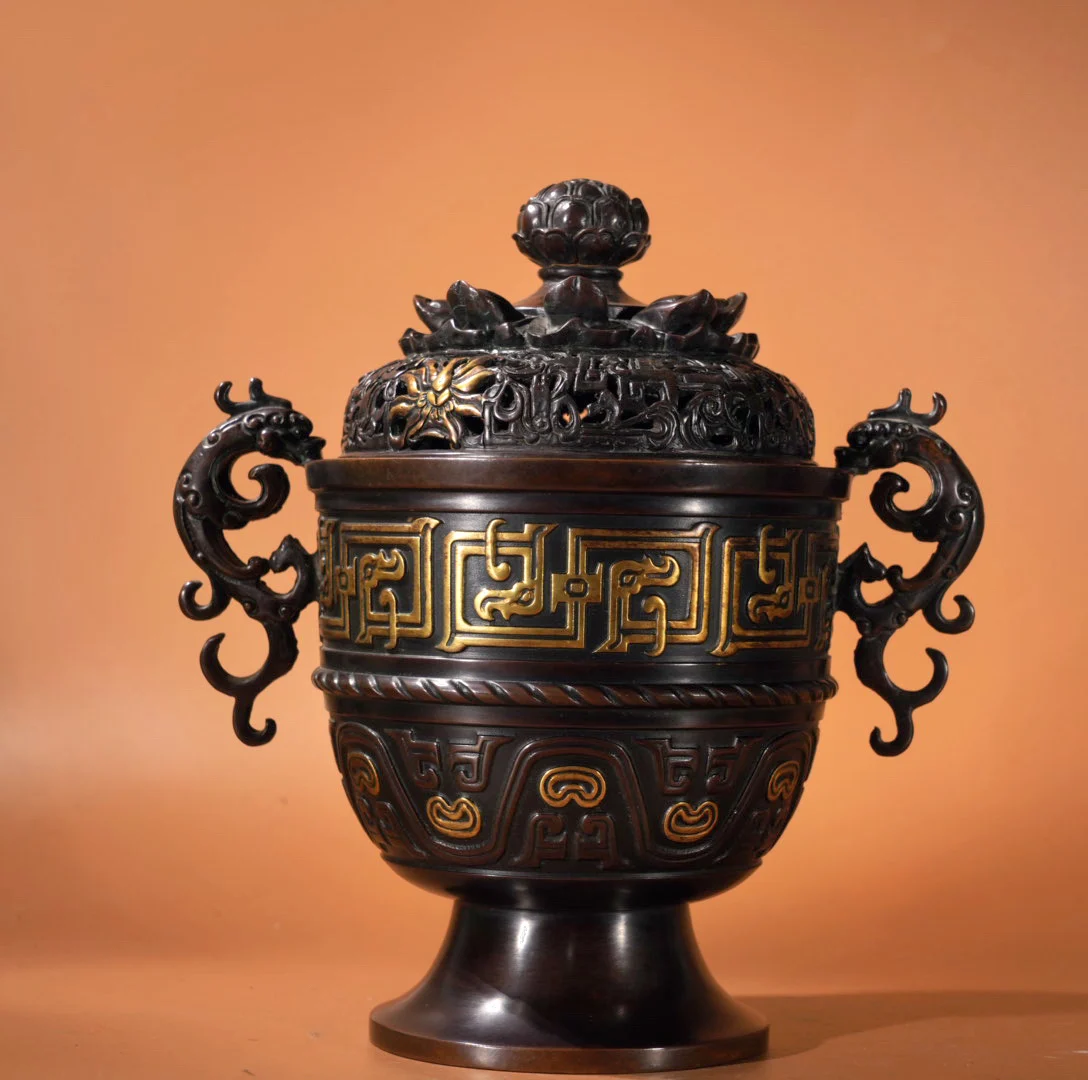 Old Purple Bronze High relief Gilded Flower Scripture Pattern Lotus cover Long'er Incense Burner Amass wealth Ornaments