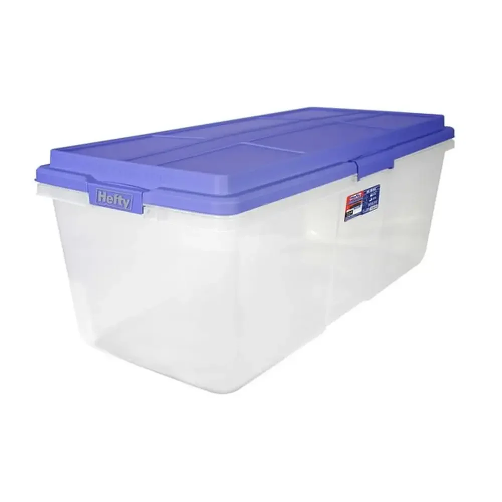 Large Plastic Storage Bin with Stackable Blue Lid 113 qt Capacity Secure Latches Double Rimmed Base Crossbar Design Clear Base