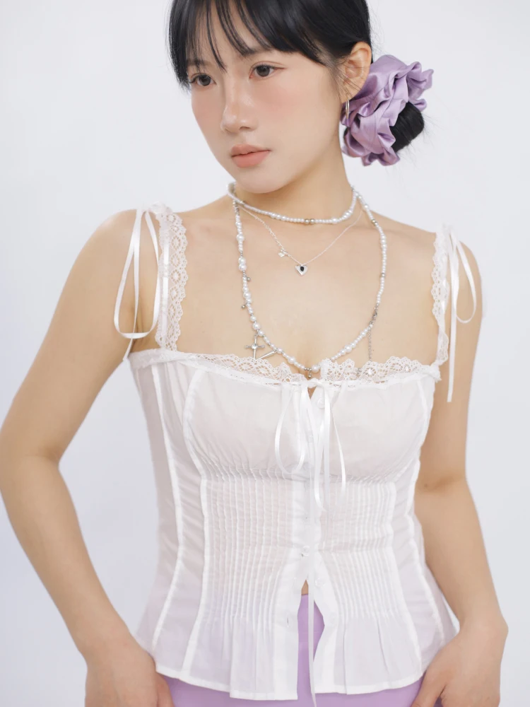 

Ohmyloli Lightweight Cotton Heavy Embellied mmet Square Collar Satin Dstring Retro Waist Cinched Strap Vest