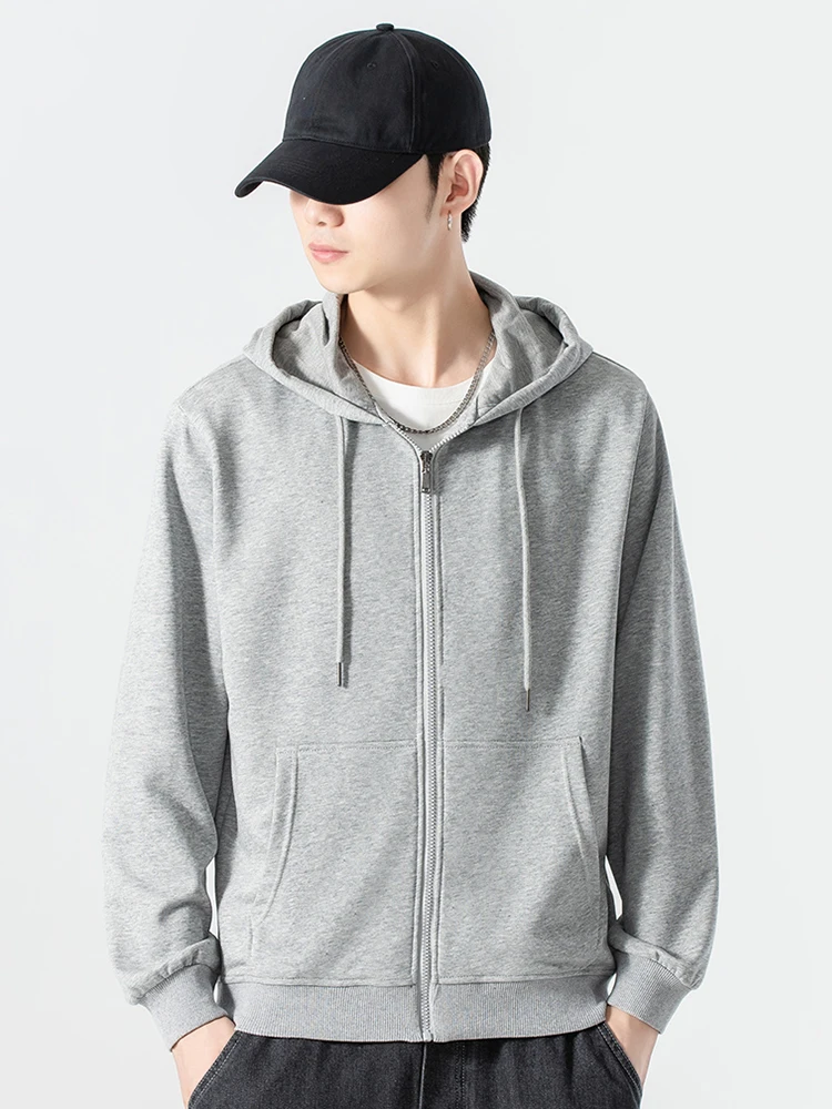 Spring Autumn Zip Up Hoodies Men Korean Fashion 280G Cotton Long Sleeve Casual Cardigan Hoody Solid Color Basic Sweatshirts Male