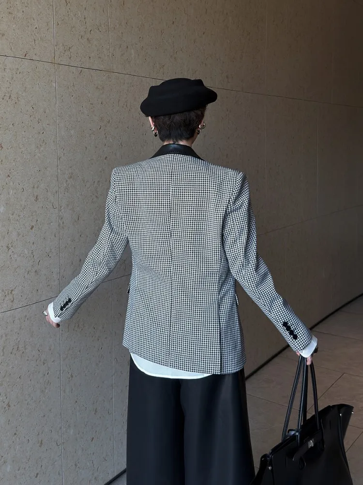 Female Vintage Plaid Suit Jacket Work Ladies Double Breasted Slim Fit Shoulder Padded Blazers Outerwear Notched Collar Coat