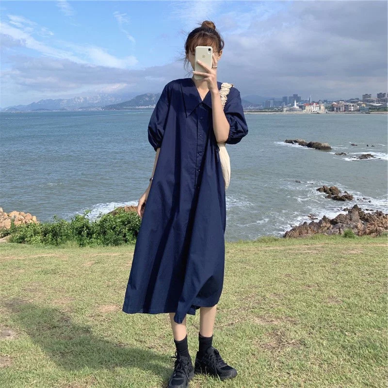 

plus Size Women's Vintage Long irt Dr Bubble Sve Loose Summer Dr Casual Commute Sle Straight Cut Korean Version