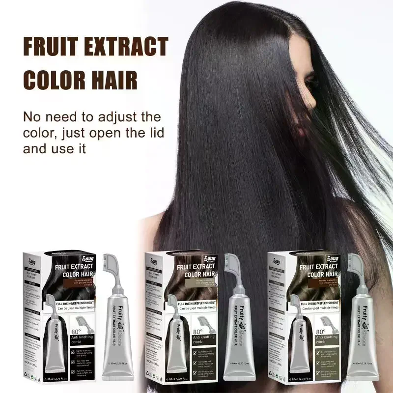 Natural Hair Dye Cream With Comb Long Lasting Cover Gray White Hairs Pure Plant-Based Fruit Black Hair Color