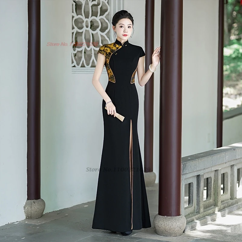 2026 chinese traditional dress improved qipao national flower print patchwork cheongsam dress oriental banquet evening dress