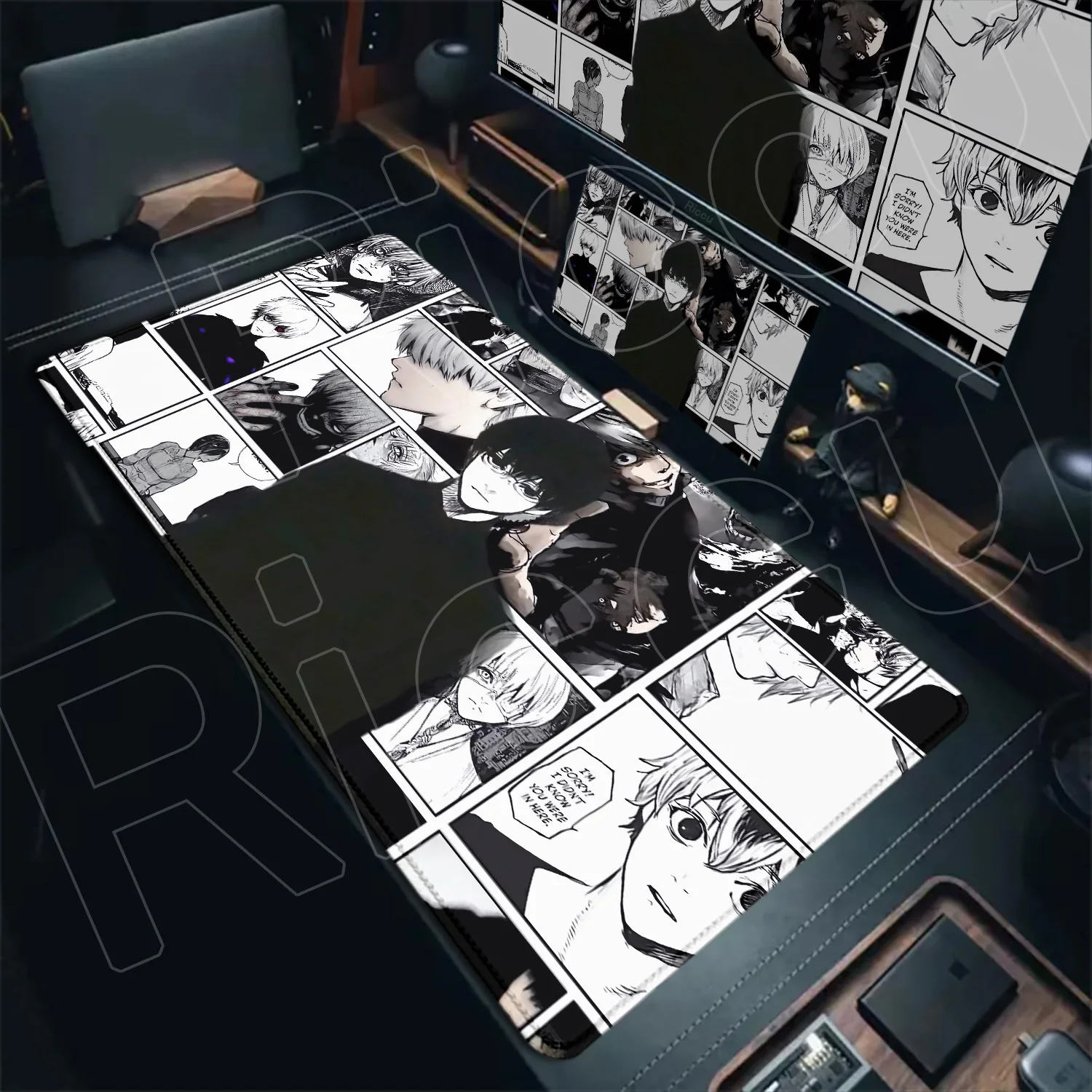 Novo anime grande tokyo ghoul mousepad borda de bloqueio preto e branco quadrinhos jogo pc xxl tapetes de ratos escritório computador teclado mesa almofada