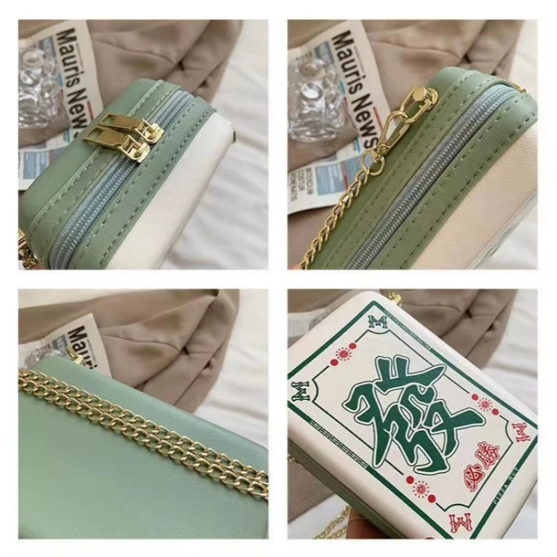 Chinese Mahjong Crossbody Bag for Women, Creative, Interesting, Printing, Chain, Shoulder Bag, PU Leather, Messenger Bag Fashion