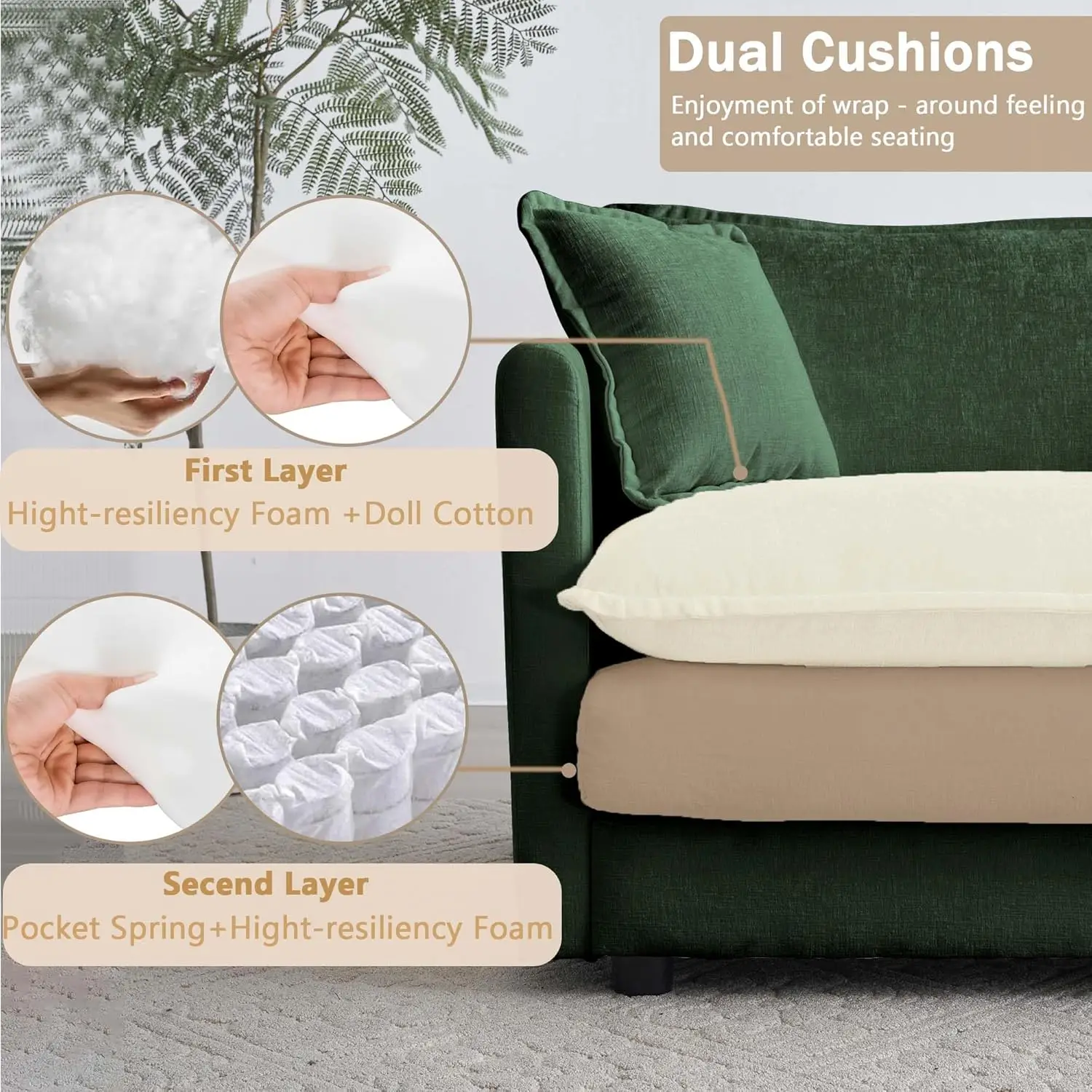 Customized Modular Oversized 3 Seater Sectional Sofa Deep Seat Couch with Movable Ottoman Green 111.5 Inch Living Room Furniture