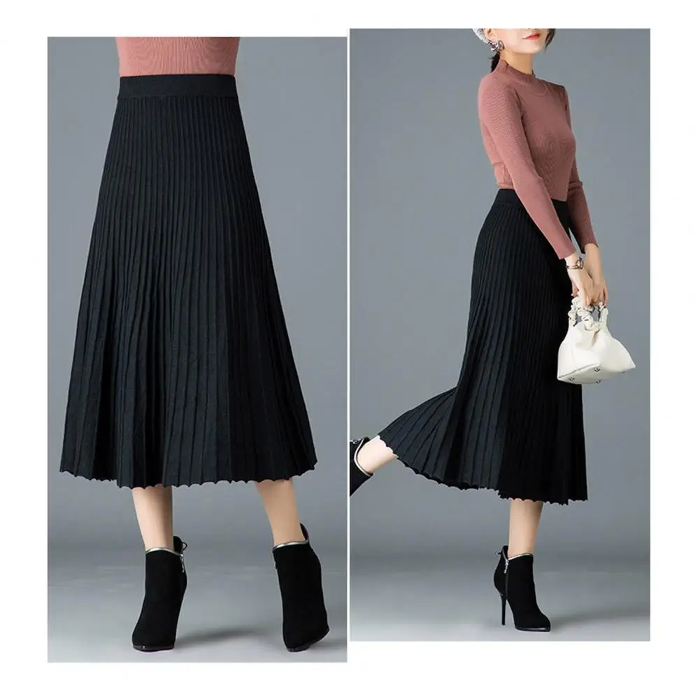 Elastic High Waist Skirt Elegant Women's Pleated Skirt with High Waist A-line Design Solid Color Midi Skirt for Commuting