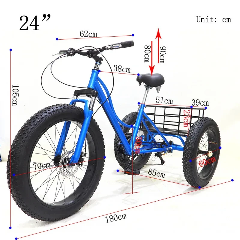 24-Zoll-MTB-Dreirad mit fettem Reifenpedal, 7-Gang-Dreirad für ältere Menschen, 3-Rad-Fahrrad, Offroad-Dreirad aus Kohlenstoffstahl mit Obstkorb