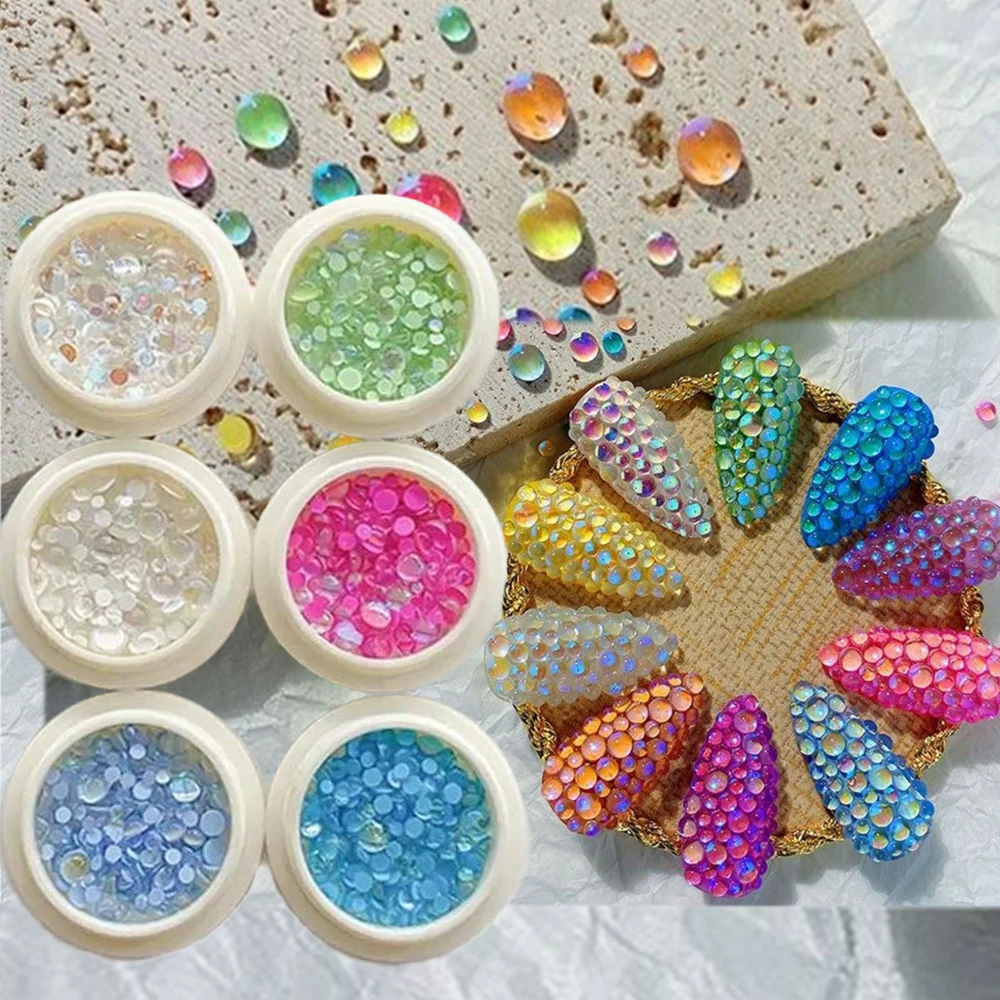 6Color/Box Mermaid Bubble Beads Nail Rhinestone Charms Mixed-Size Semicircle Flat-back Jewelry Macaroon Bead Gems DIY Manicure