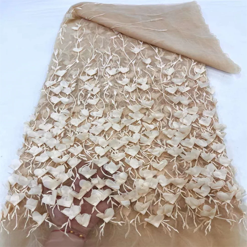 2024 High Quality Elegant French Mesh Embroidery Tulle 3D Flowers Fabric African Nigerian Lace Fabric For Wedding Party Dress 5Y