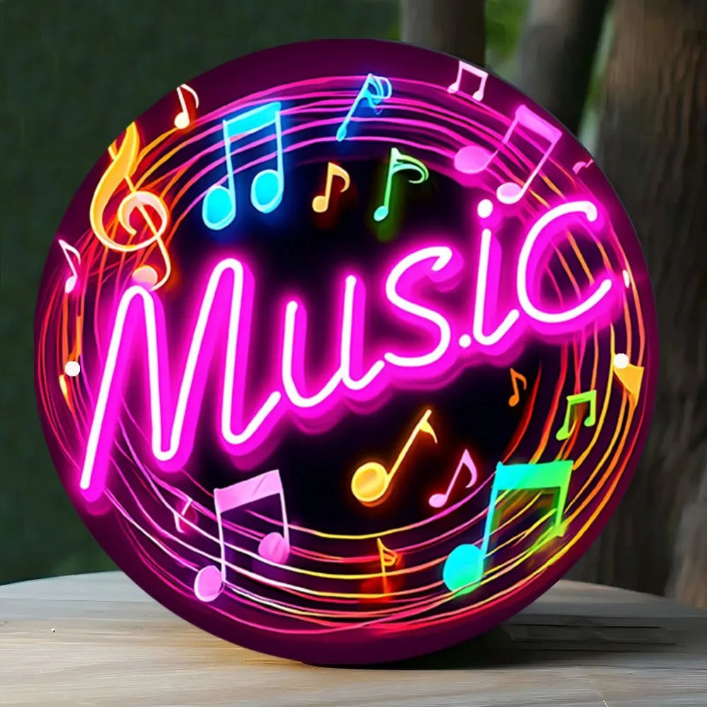 Panneau rond en métal style néon vintage avec notes de musique, art mural en métal rétro aux notes musicales colorées effet néon, décoration rustique pour les amoureux de la musique